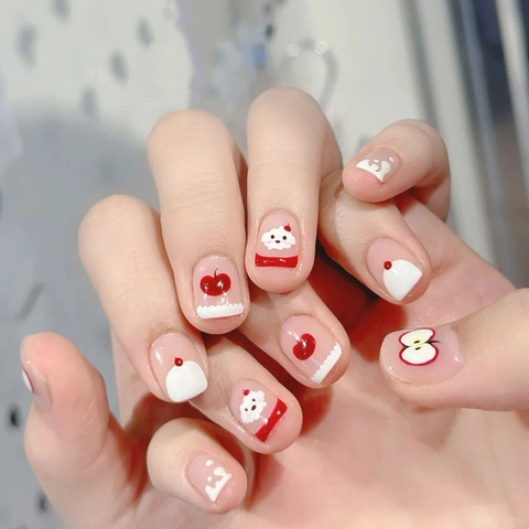 Cute Cartoon Press On Nails Apple Cherry Dog Design Red White Glossy Square Wearable False Nails For Women