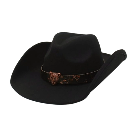 Western Cowboy Hat Vintage Wide Brim Felt With Leopard Print Band And Metal Leopard Head Buckle For Men Women