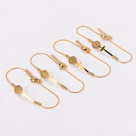 Vergulde 304 Roestvrijstalen Slangenketting Armband Met Kruis En Maagd Maria Medaille Hangers Religieuze Sieraden