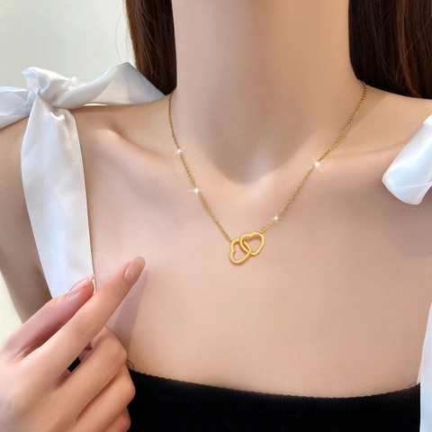 Ineinandergreifende Doppelherz Halskette Titanstahl Gold Silber Vergoldet Minimalistische Schlüsselbeinkette Für Frauen Modeschmuck