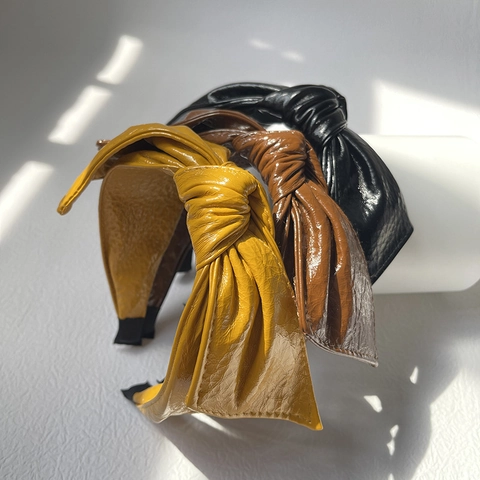PU Leather Bow Headband For Women Vintage Glossy Wide Knot Hairband Retro Fashion Solid Color Hair Accessories