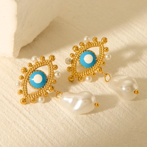 Evil Eye Künstliche Perlenohrringe Edelstahl Vergoldet Emaille Künstliche Barockperle Böhmischer Stil Schmuck Für Frauen