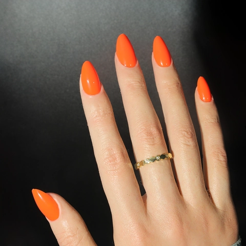 Solid Color Almond Shape Press On Nails Glossy Orange Artificial False Nails Full Cover Manicure Decoration For Women