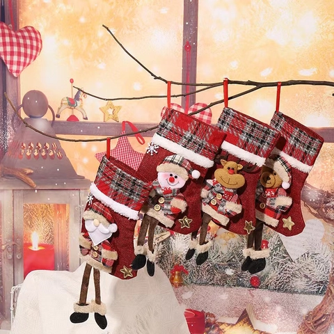 Christmas Stockings With Dangling Legs Linen Plaid Santa Snowman Reindeer Bear 3D Plush Gift Bags Candy Bag Home Decor