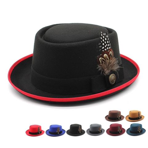 Chapeau Pork Pie Vintage Style Britannique En Feutre De Laine Avec Plume Ruban Épingle Métallique Pour Hommes Femmes