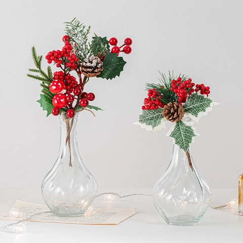 Artificial Christmas Berry Pine Cone Branches Plastic Frosted Pine Needles Holly Leaf Sprays Tree Decor Vase Filler Holiday