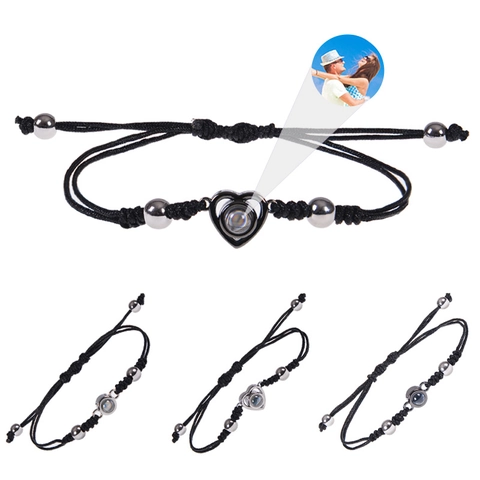 Bracciale Di Proiezione Forma Cuore Rotondo Corda Intrecciata Regolabile Con Perline In Lega Multi Lingua Romantico Per Coppie