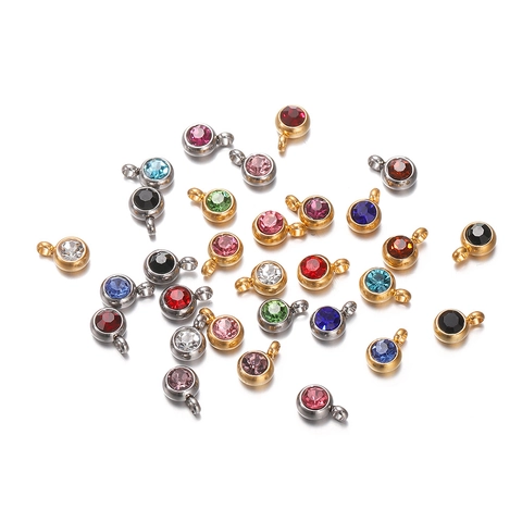 Round Zircon Birthstone Pendants Stainless Steel Bezel Charms For DIY Jewelry Making Necklaces Earrings Findings