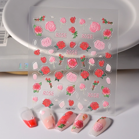 Adesivi Per Unghie Rosa Fiore 5D Goffrato 3D Rilievo Decalcomanie Autoadesive Decorazione Nail Art Floreale Per Donne DIY Manicure