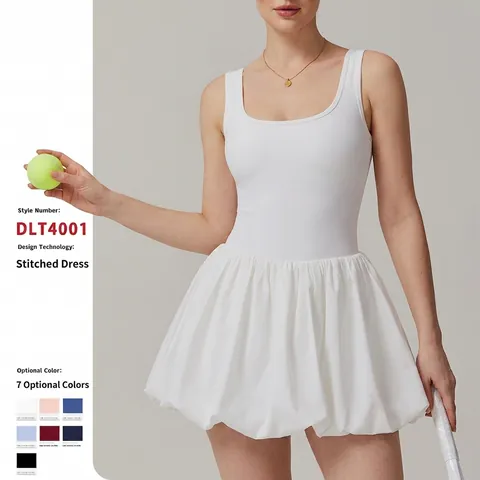 Women Athletic Dress Integrated Shorts Polyester Spandex Square Neck Sleeveless Bubble Hem For Tennis Running Gym