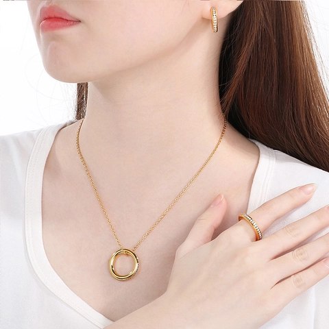 Stainless Steel Jewelry Circular Rhinestone Necklace Earrings And Ring Geometric Elegant Fashion Accessories For Women