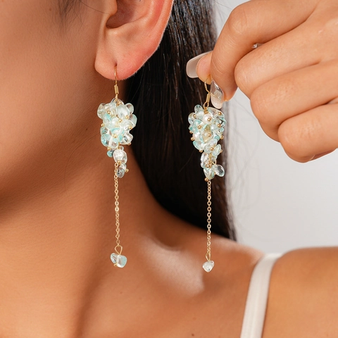 Pendientes Largos De Borla Con Aguamarina E Imitación De Perla Artificial Cobre Estilo Retro De Vacaciones Para Mujeres