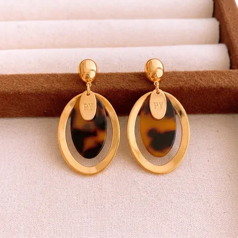 Retro Geometric Oval Drop Earrings Resin Copper Real Gold Plated With 925 Sterling Silver Earring Post For Women