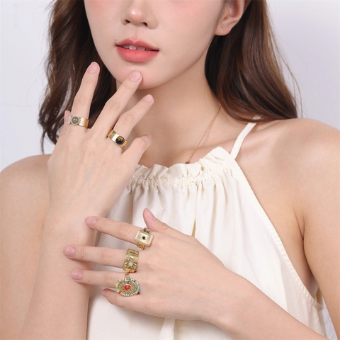 Bohemian Retro Open Ring Stainless Steel Gold Plated With Natural Stone Adjustable Vintage Jewelry For Women
