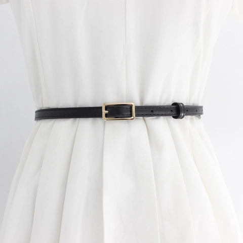 Skinny Waist Belt Women PU Leather Thin Strap Rectangular Alloy Pin Buckle Decorative For Dress Blazer Fashion Accessory