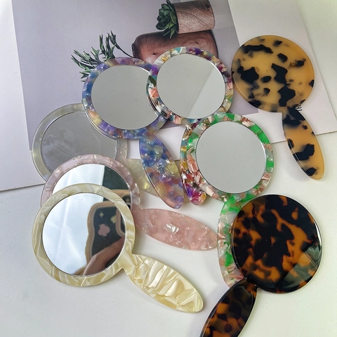 Handheld Makeup Mirror Cellulose Acetate Frame Circular Portable Cosmetic Vanity Tool For Women Vintage Marble Patterns