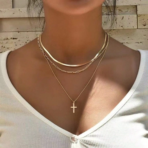 Collana A Strati Di Moda Lega Colore Oro Catena Serpente Figaro Perline Ciondolo Croce Gioielli Per Donna