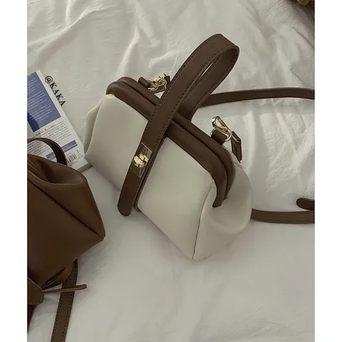 Retro Doctor Bag PU Leather Contrast Color Handbag For Women Elegant Crossbody With Metal Lock Adjustable Strap