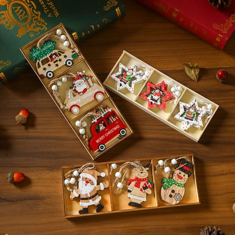 Hölzerne Weihnachtsanhänger Set Bedruckte Baumschmuck Mit Holzbox Weihnachtsmann Rentier Schneeflocke Stern Für Haus Party Festival Deko