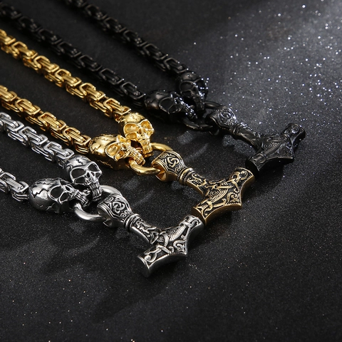 Collar Con Colgante De Martillo De Thor Mjolnir Acero Inoxidable Vikingo Nórdico Gótico Calavera Cadena Bizantina Para Hombres Joyas Vintage