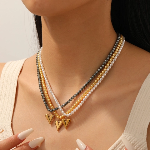 Collar Con Colgante De Corazón De Acero Inoxidable Cadena De Perlas Artificiales Concha Elegante Joyería De Moda Para Mujer