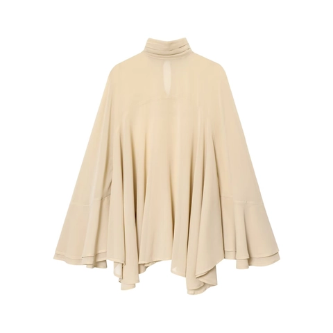 Damen Künstliche Perlen Chiffon Bluse Hochgeschlossen Cape Stil Lagenlook Volantärmel Plissee Oberteil Elegant Büro Beige