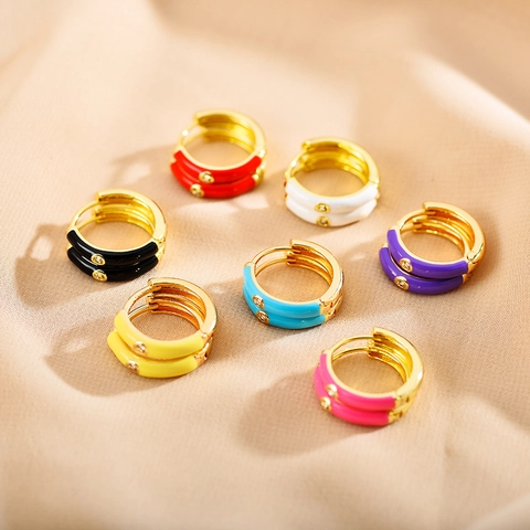 Mode Bunte Emaille Öltropfen Strass Eingelegte Creolen Edelstahl Vergoldet Geometrische Runde Ohrstecker Koreanischer Stil Schmuck Damen Accessoires