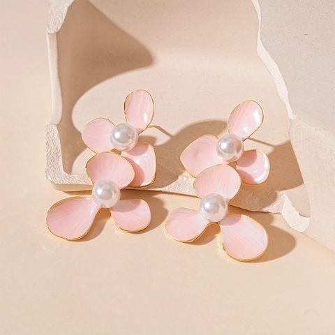 Pink Flower Artificial Pearl Earrings Alloy Enamel Sweet Elegant Fresh Style Silver Earring Post For Women