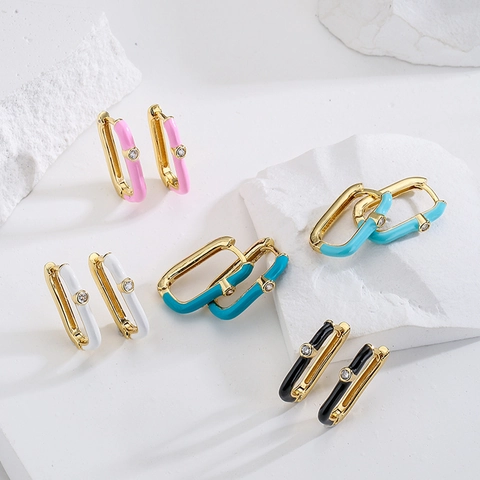 Geometrische Rechthoekige Hoop Oorbellen Koper 18K Verguld Emaille Zirkoon Minimalistische Sieraden Voor Vrouwen