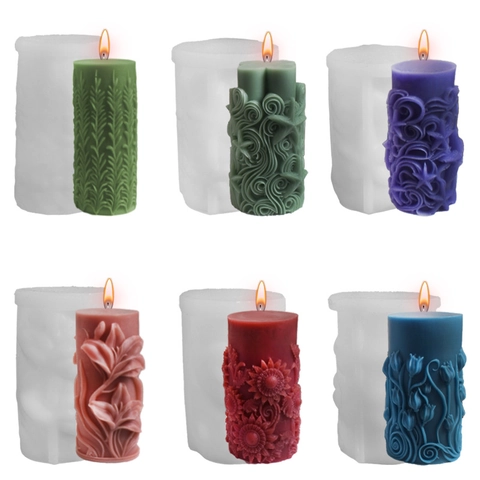 3D Relief Flower Cylinder Candle Silicone Mold DIY Handmade Aroma Candle Plaster Ornament Sunflower Lavender Starfish