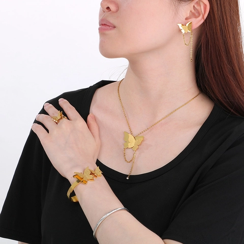 Butterfly Gold Plated Stainless Steel Necklace Bracelet Earrings Ring Elegant Fashion Women Accessories