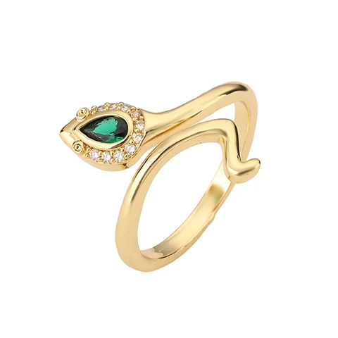 Anello Serpente Rame Placcato Oro Micro Pave Zircone Pietra Verde Regolabile Aperto Stile Punk Gioielli Uomo Donna