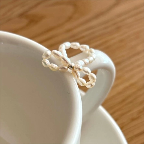 Bow Knot Ring Süßwasserperle 925 Sterling Silber Perlen Elastischer Fingerschmuck Koreanischer Stil Für Frauen
