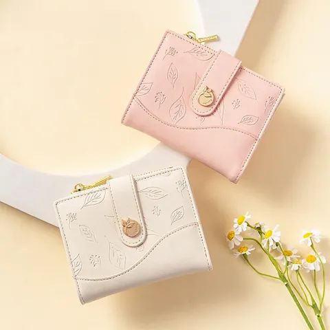 Cartera Corta Plegable Para Mujer De Cuero PU Con Relieve De Hojas Botón A Presión Bolsillo Para Monedas