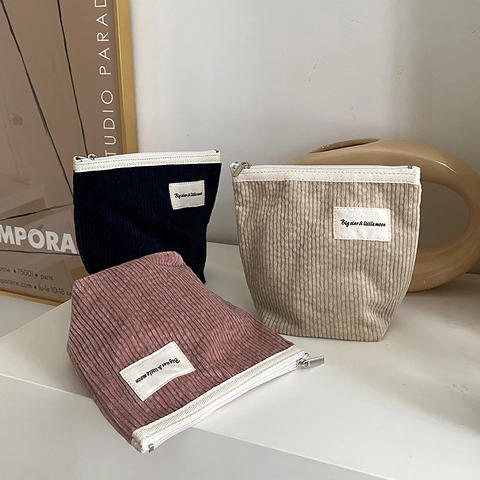 Vintage Corduroy Kosmetiktasche Reißverschluss Organizer Tragbare Reise Aufbewahrungstasche Für Frauen Weiche Kulturbeutel