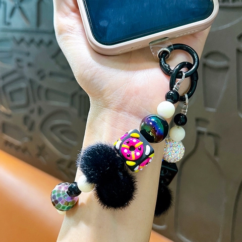 Chaîne de Téléphone en Perles Peintes à la Main Porte-Clés Avec Pompon Perles Acryliques Y2K Ornement de Sac Femme