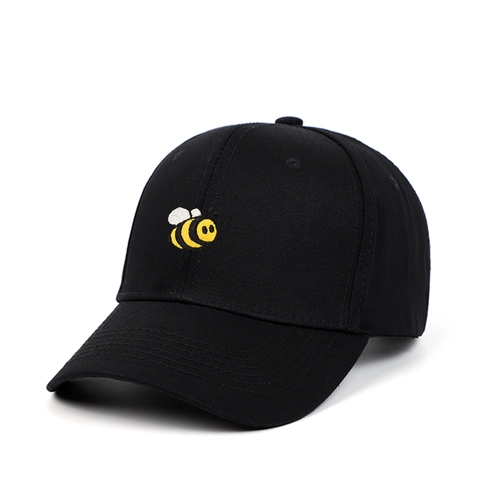 Cotton Baseball Cap With Bee Embroidery Casual Fashion Curved Brim Adjustable Strap Hat For Men And Women Unisex Black