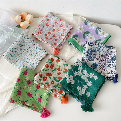 Floral Print Square Scarf With Tassels Polyester Cotton Linen Feel Neckerchief Decorative Headscarf For Women Sweet Pastoral Style