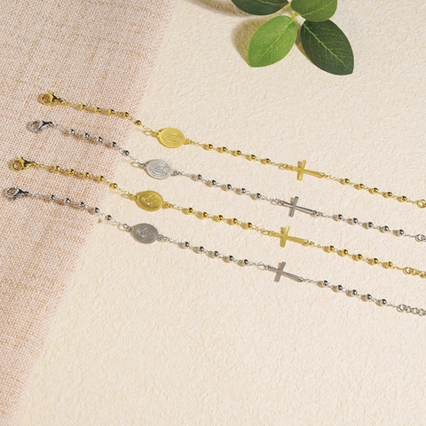 Religious Stainless Steel Beaded Bracelet For Women Men Virgin Mary Cross Pendant Medal Our Lady Of Guadalupe Fashion Jewelry