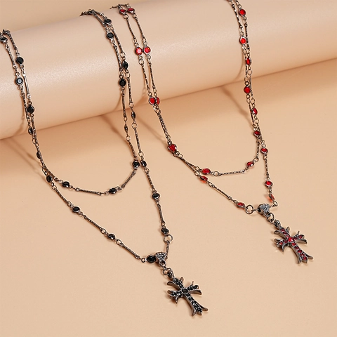 Collar De Doble Capa Aleación Hierro Vidrio Estrás Gótico Retro Colgante Cruz Joyería Para Mujeres