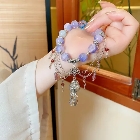 Lila Perlenarmband Lampwork Glas Legierung Hohl Laterne Blume Anhänger Quaste Mehrlagige Kette Vintage Stil Damen