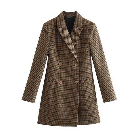 Dames Double Breasted Geruite Blazer Jas Houndstooth Revers Lange Mouwen Britse Retro Casual Bovenkleding