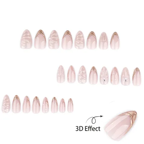 Nude Rosa Kunstnägel Zum Aufkleben 3D Wassertropfen Muscheltextur Künstliche Perle Cat Eye Französischer Stil Mandelform Für Damen
