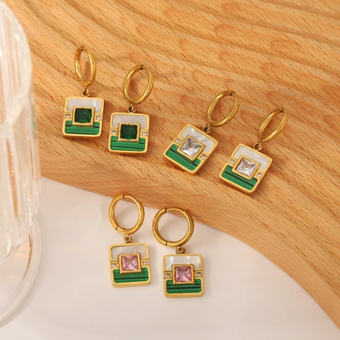 Vintage 18K Gold Plated Stainless Steel Square Geometric Hoop Earrings With Colorful Zircon For Women Retro Chic Jewelry