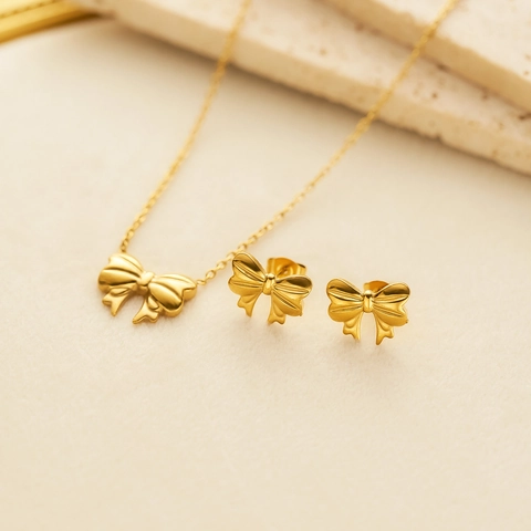 Roestvrijstalen Strik Ketting Bowknot Oorknopjes Voor Vrouwen Verguld Lint Ontwerp Minimalistische Mode Accessoire Sieraden