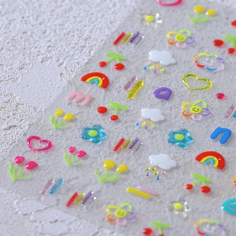 Adesivi Per Unghie 3D Rilievo Colorato Cartone Animato Arcobaleno Cuore Fiore DIY Manicure Decorazione Impermeabile Resina