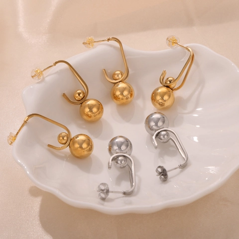 Titanstahl Gold Überzogene Rundperlen Anhänger Ohrringe Nische Design Minimalistische Geometrische Hängeohrringe Für Damen Schmuck