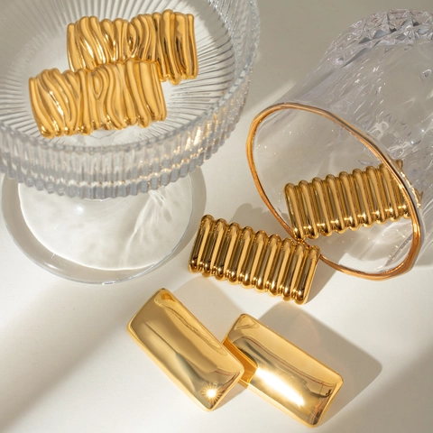 Geometric Square Wave Textured Earrings 18K Gold Plated Stainless Steel Concave Convex Trendy For Women
