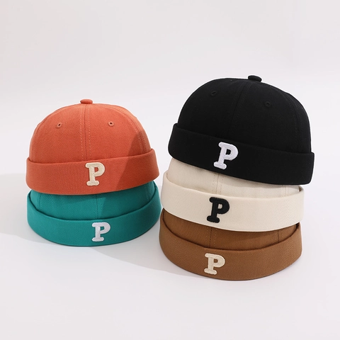 Kids Docker Hat Brimless Cap Cotton Embroidered Letter P Adjustable Retro Casual Fashion Headwear For Boys Girls