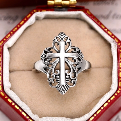 Vintage Gothic Inverted Cross Ring Women Antique Silver Plated Copper Hollow Floral Filigree Punk Statement Jewelry